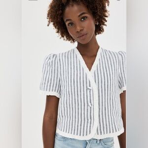 Reformation White and Gray Striped Puff Sleeve Button Top